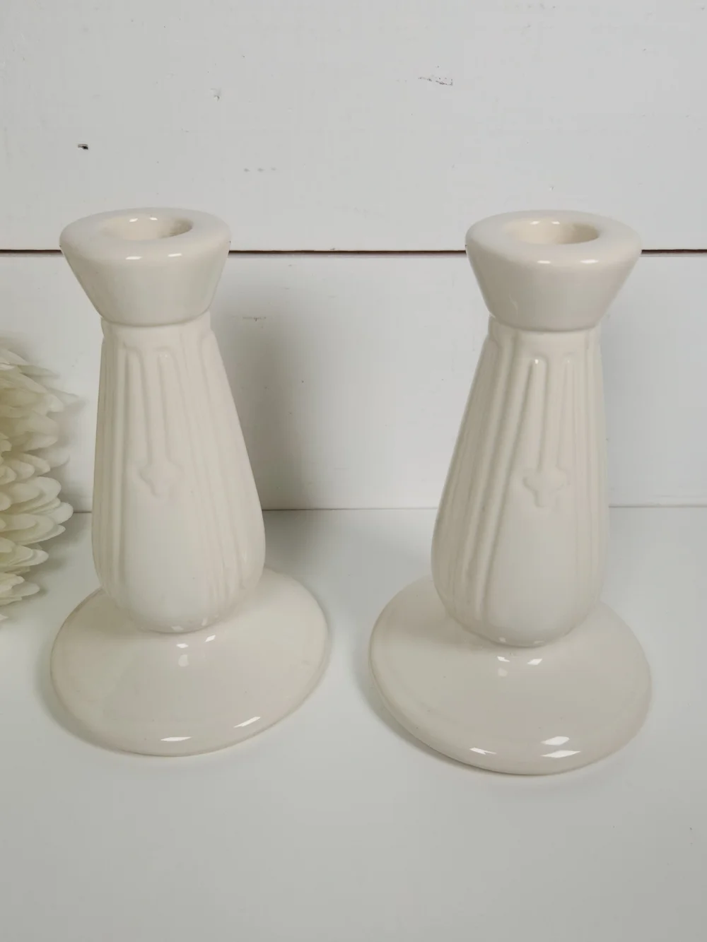 Vintage Pair of White Ceramic Pottery Candlestick Holders,  Art Deco Design